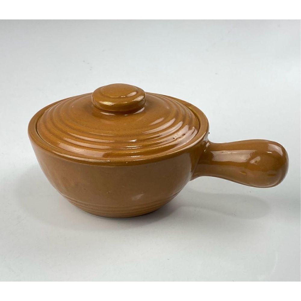 Vtg California Pottery Stoneware Crock Soup Bowl Handle Lid Serveware Brown USA